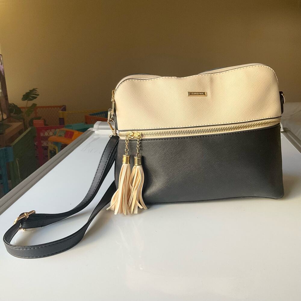Elim & Paul Two Toned Women’s Ladies Adjustable Shoulder Bag Purse Black & Cream